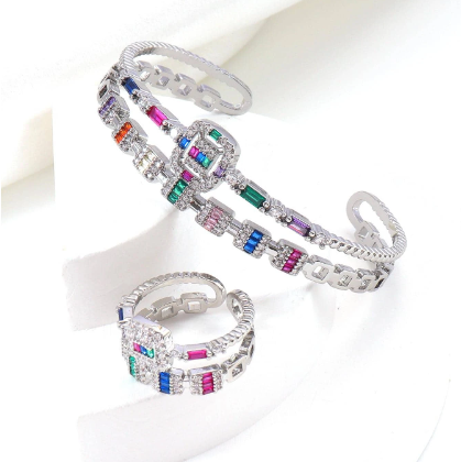 1 PIECE ZIRCONIA DECOR CUFF BANGLE ET UNE PIECE RING