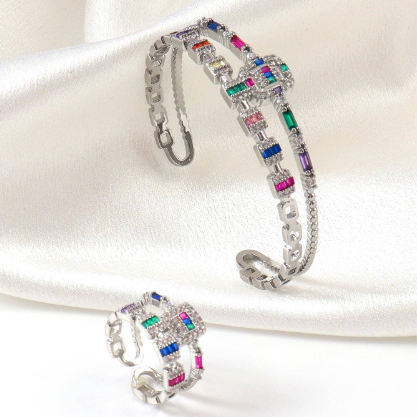 1 PIECE ZIRCONIA DECOR CUFF BANGLE ET UNE PIECE RING