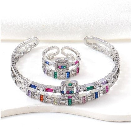 1 PIECE ZIRCONIA DECOR CUFF BANGLE ET UNE PIECE RING